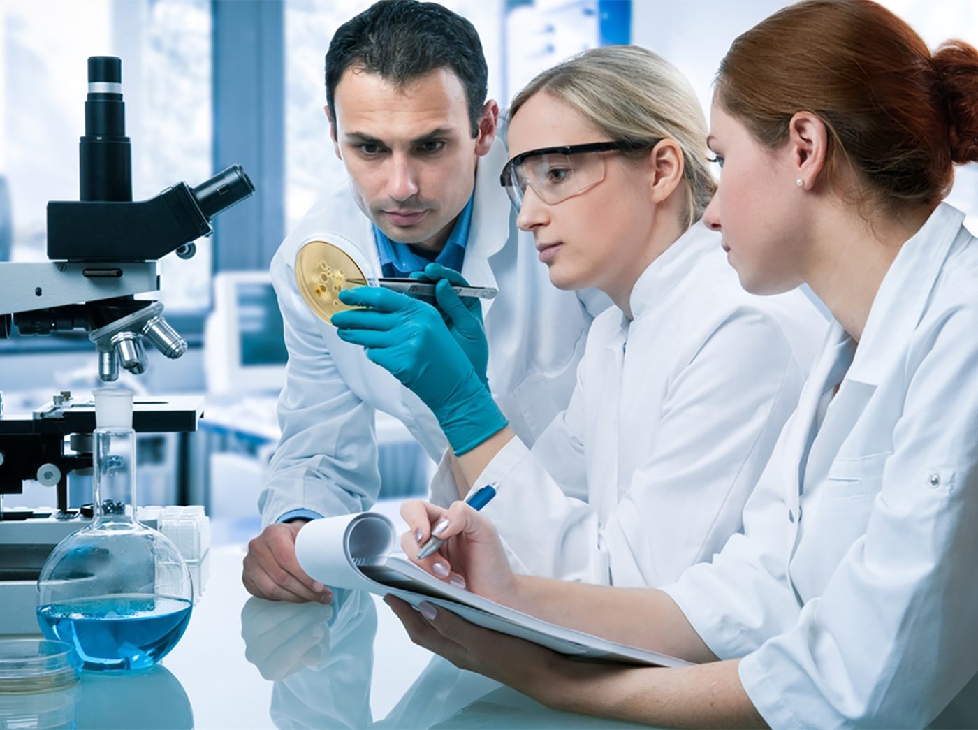 Équipe technique analysant un échantillon en laboratoire