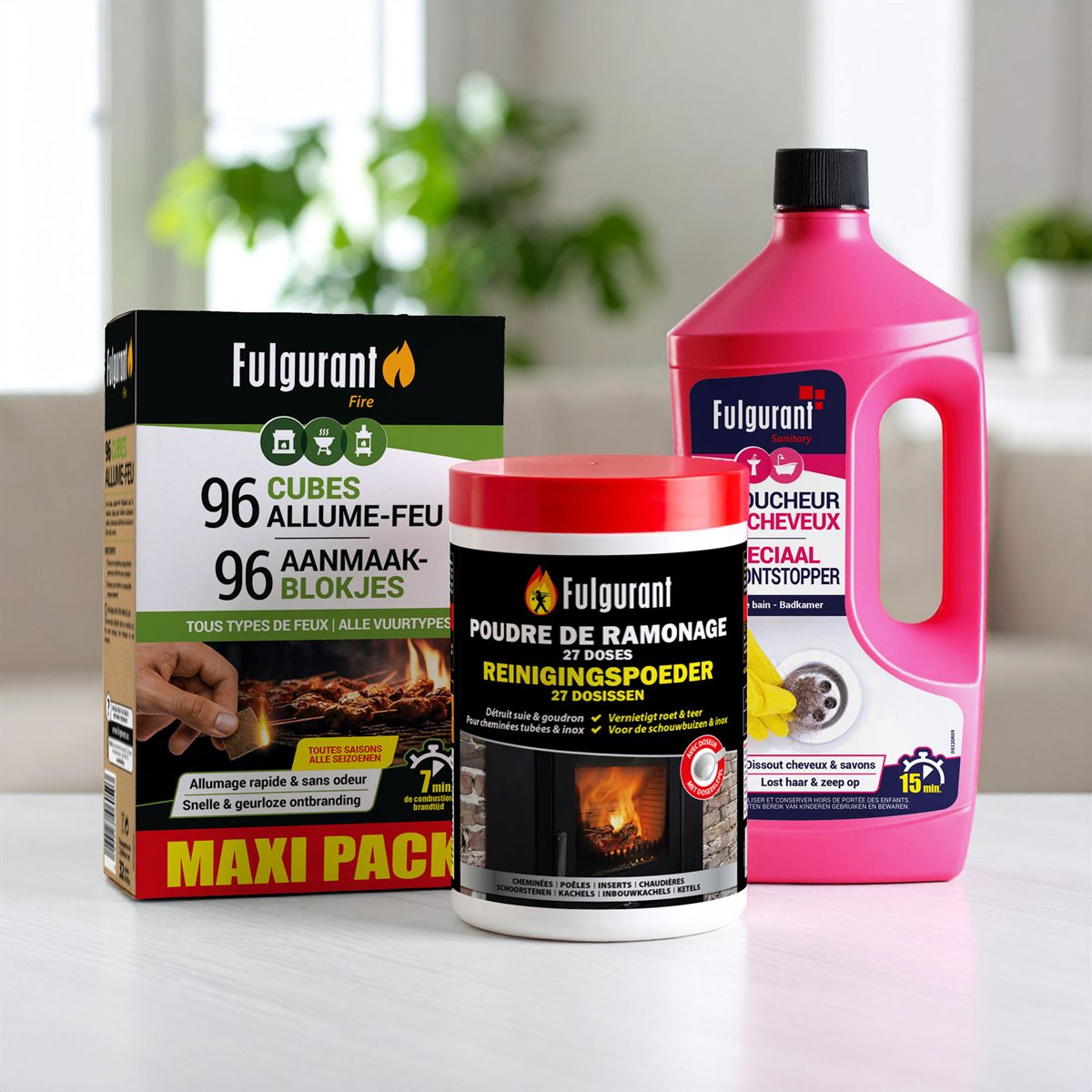 Produits Fulgurant : cubes allume-feu, poudre de ramonage et déboucheur sanitaire